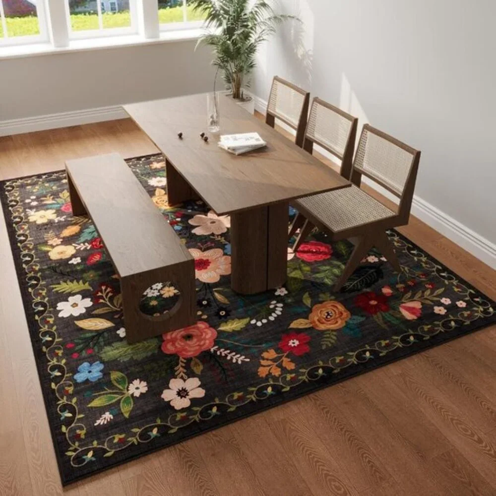 New 5x7 Black Area Rug, Washable Vintage Floral Non-Slip Carpet for Any Room
